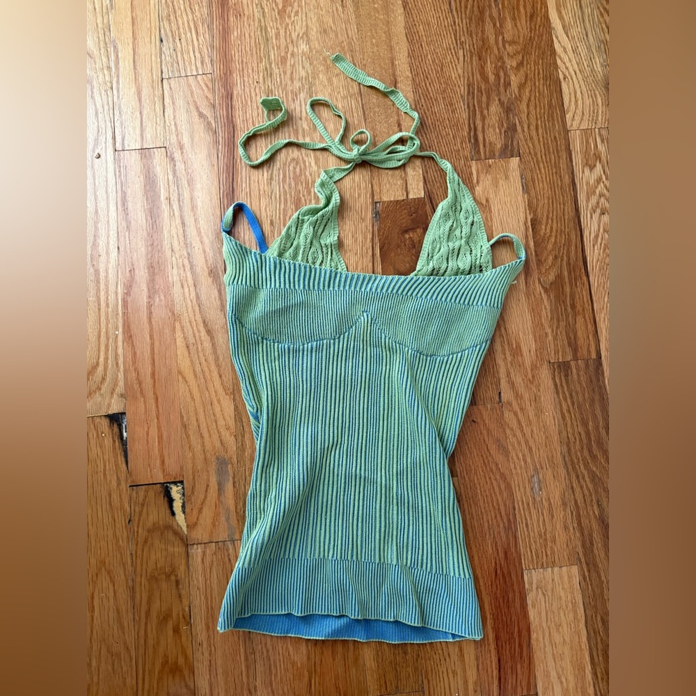 Green Ribbed Sleeveless Tank Top with Tie Front